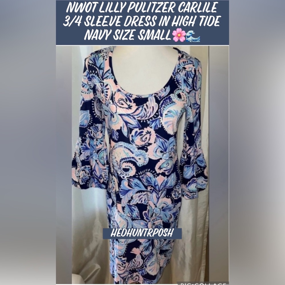 🎉HP🎉NWOT Lilly Pulitzer Carlile 3/4 Sleeve Dress in High Tide Navy Size Small🌸
